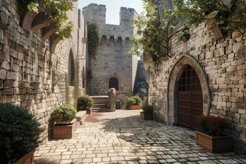 the enchanting medieval castle courtyard with cobblestone path. fortified walls. and historical arch