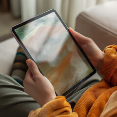 Person using tablet with abstract fluid art, digital learning concept