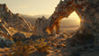 Desert sunrise through a natural stone arch, tranquil wilderness