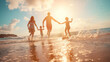 Joyful family playing in ocean waves at sunset, beach holiday