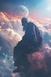 An old man with a beard sitting on a cloud and looking down at the planet Earth. 3d illustration
