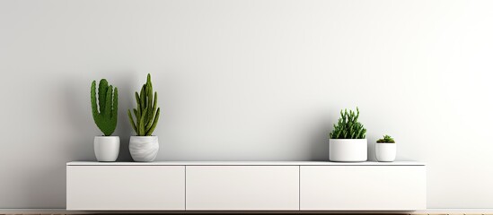 Sticker - A white rectangular cabinet adorned with potted houseplants sits against a grey wall, creating a serene interior design with a touch of nature