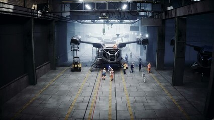 Wall Mural - Production of military futuristic ship at the factory. Future concept. Realistic 4k animation.