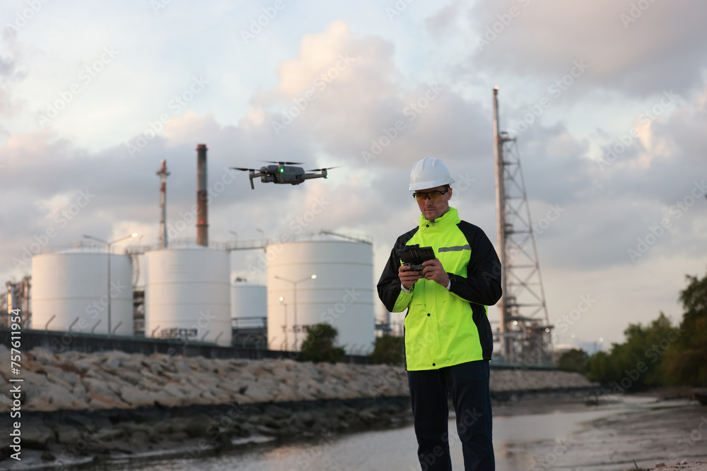 engineer flying drone over construction site survey civil construction ...