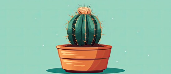 Wall Mural - A houseplant cactus in a flowerpot on a natural material rectangle vase, set against an electric blue background. Terrestrial plant art with pops of green in a gasfilled atmosphere