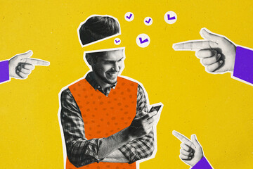 Aufkleber - Composite photo collage of young man head cut check marks hold iphone freelance hand point index finger isolated on painted background