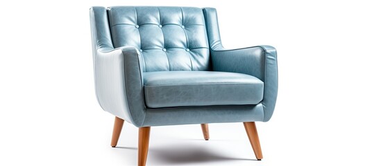 Poster - A comfortable club chair in electric blue leather with wooden legs and armrests, set against a white background on hardwood flooring