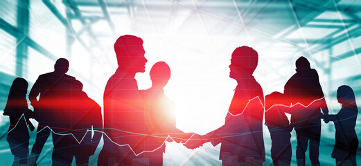 Wall Mural - double exposure image of many business people conference group meeting on city office building in ba