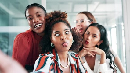 Wall Mural - Happy woman, colleagues and selfie with friends at office for photography, goofy or silly picture. Portrait of person or group of employees with smile for photo or fun moment together at workplace