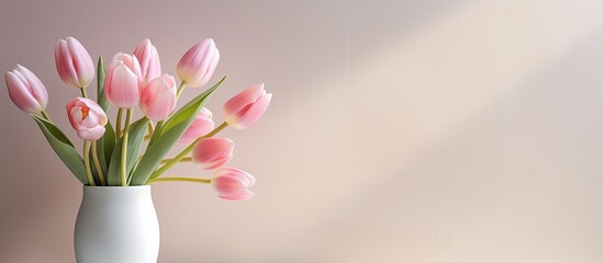 Wall Mural - A beautiful white vase filled with pink tulips sits elegantly on a table, adding a touch of nature and color to the room