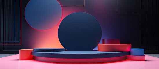 Sticker - A 3D rendering of a podium featuring geometric shapes illuminated with automotive lighting, visual effect lighting, and electric blue and magenta hues in a dark room