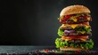 A very tall hamburger, over a black background, copy space - generative ai