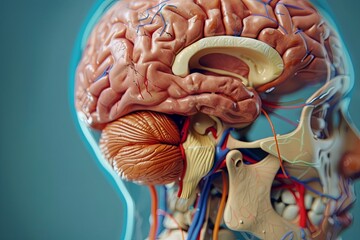 Poster - Detailed model of a human head showing a highlighted section of the brain, illustrating internal structures and functions. Generative AI