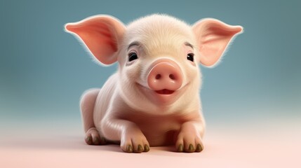 An adorable baby piglet sitting on white clouds with rainbow on blue sky background, showcasing its innocence and charm.
