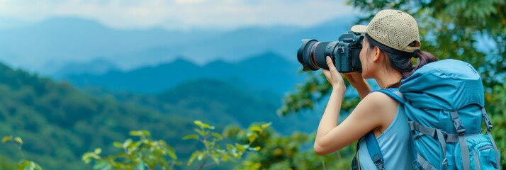 Wall Mural - Female hiker embarking on mountain adventure in nature landscape with copy space