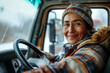 Truck driver, working woman in winter coat driving in the rain with copy space