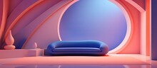 An Azure Couch Sits In The Heart Of The Space, Radiating A Deep Purple Hue. Its Sleek Automotive Design Resembles A Hood, With Magenta Tints And Shades That Complement The Room