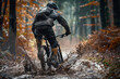 Mountain Biker Splashing Through a Muddy Trail in a Misty Forest - Generative AI.
