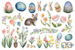 Watercolor grass set butterflies green Easter elements vector Rabbits flowers baskets eggs flowers