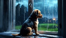 An Illustration Of A Puppy Looking Out The Window At The Rainy Weather. 