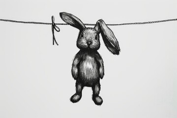 Wall Mural - Drawing of a hare hanging on a rope on a white background. Illustration