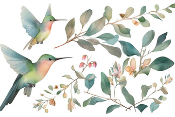Wall Mural - Watercolor hand painted Hummingbird eucalyptus set leaves vector
