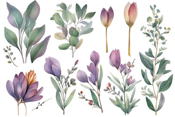 Wall Mural - vector leaves painted Watercolor flowers set saffron eucalyptus hand purple