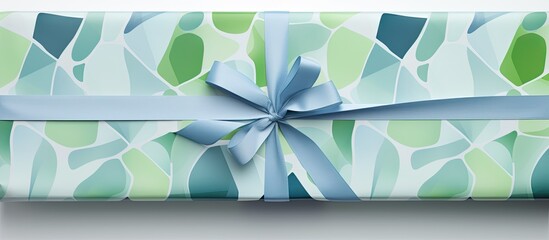 Poster - A creatively wrapped gift in green and blue paper with a symmetrical pattern of rectangles and circles, topped with an electric blue bow