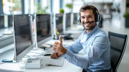 Poster - Smiling male customer service agent with thumbs up in modern call center office with bright lighting
