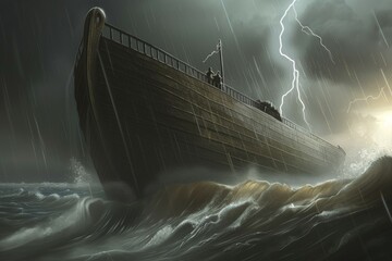 A large ship is in the water with a storm in the background. Noah's Ark concept