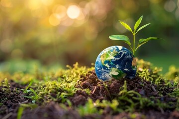 Wall Mural - globe on ground with tree sapling, forest background