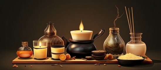 Poster - The table is adorned with a variety of candles, bottles of liquid, and serveware. This still life photography captures a scene reminiscent of a culinary event or art display