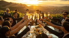 Golden hour vineyard wedding reception evokes love and celebration in destination ad