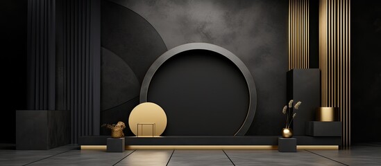 Sticker - A 3D rendering of a room in black and gold with a podium at the center, featuring metal fixtures, wood accents, and a circle arch