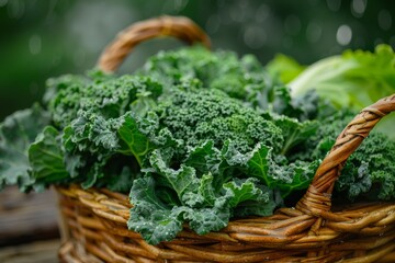 A wicker basket overflows with fresh, green kale leaves, the picture of health and natural produce amidst a lush garden