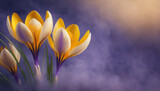 Fototapeta Kwiaty - Wiosenne krokusy, fioletowe tło dym