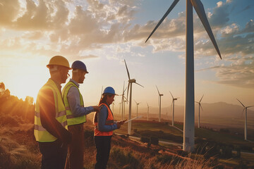 Engineers Evaluating Wind Farm Efficiency at Sunrise