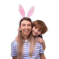 Wall Mural - Easter celebration. Mother and her cute little son with bunny ears isolated on white