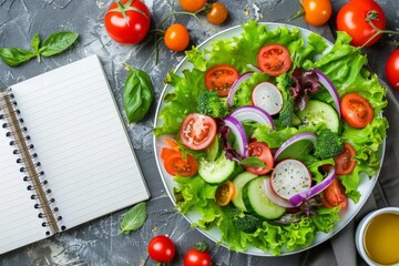 Poster - Fresh homemade vegetable salad with a notepad with space for text and view from above