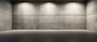 An empty room with concrete walls, wooden flooring, three automotive lighting fixtures on the walls. Monochrome photography featuring tints and shades, creating a cloudlike pattern