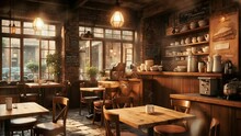 comfortable cafe atmosphere with a cup of hot coffee, the charm of a calming coffee shop atmosphere, seamless looping 4k video animation.
