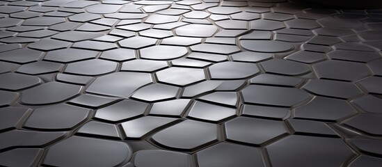 Poster - A detailed shot of a hexagonal patterned black tile floor resembling a cobblestone road surface in a building, giving a modern touch with a grey color