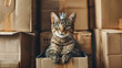 A cat wearing a crown and sitting on a throne made of cardboard boxes