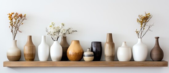 Poster - An interior design featuring a hardwood shelf with a collection of vases, flowerpots, and plants. The wooden artifact adds elegance to the rooms flooring