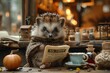 A cozy hedgehog cafe where hedgehogs curl up with tiny cups of coffee, reading miniature newspapers.