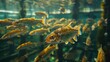 Underwater view of a thriving aquaculture farm, diverse marine life coexisting, showcasing sustainable fish farming and aquatic biodiversity