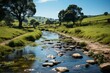 River winding through grassy field with rocks and trees