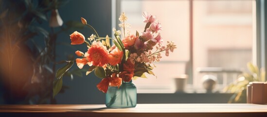 Poster - A beautiful flower arrangement sits in a vase on a table by a window, showcasing the vibrant colors and delicate petals of the flowering plants