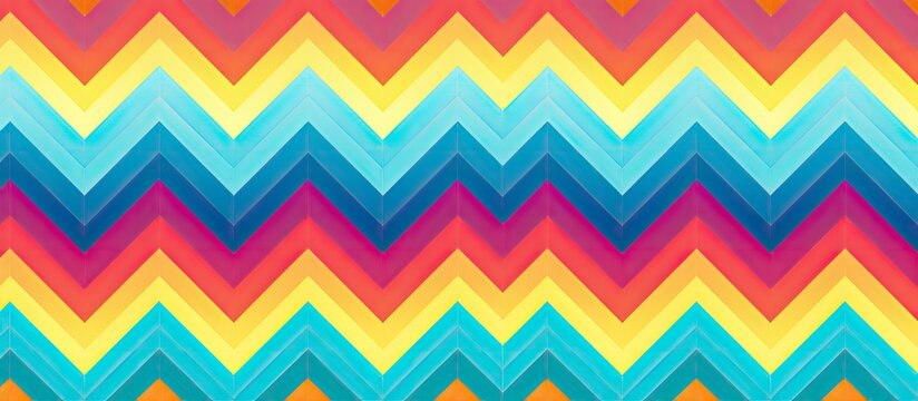 An array of vibrant colors including azure, orange, pink, aqua, and magenta create a chevron pattern on a white textile background. This artistic design resembles a colorful rainbow