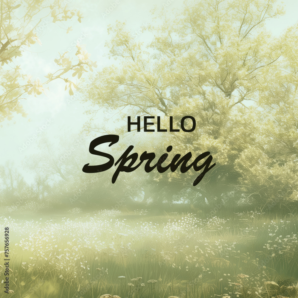 Promising Spring Spring season's greetings on a nature background with blossoming trees ...